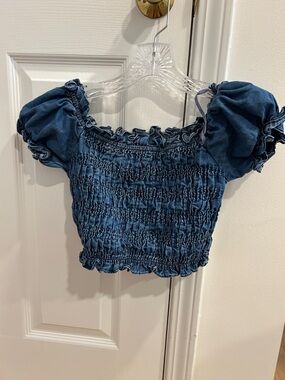Smocked Puff Sleeve Cropped Top - Blue Denim